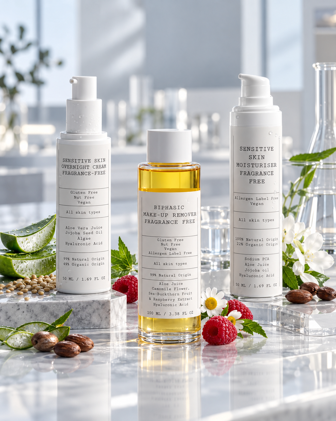 D.E.N. Calm & Restore Routine: fragrance-free BiPhasic Make-up Remover, Sensitive Skin Moisturiser and Overnight Cream for reactive skin