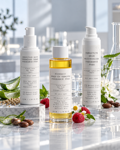 D.E.N. Calm & Restore Routine: fragrance-free BiPhasic Make-up Remover, Sensitive Skin Moisturiser and Overnight Cream for reactive skin