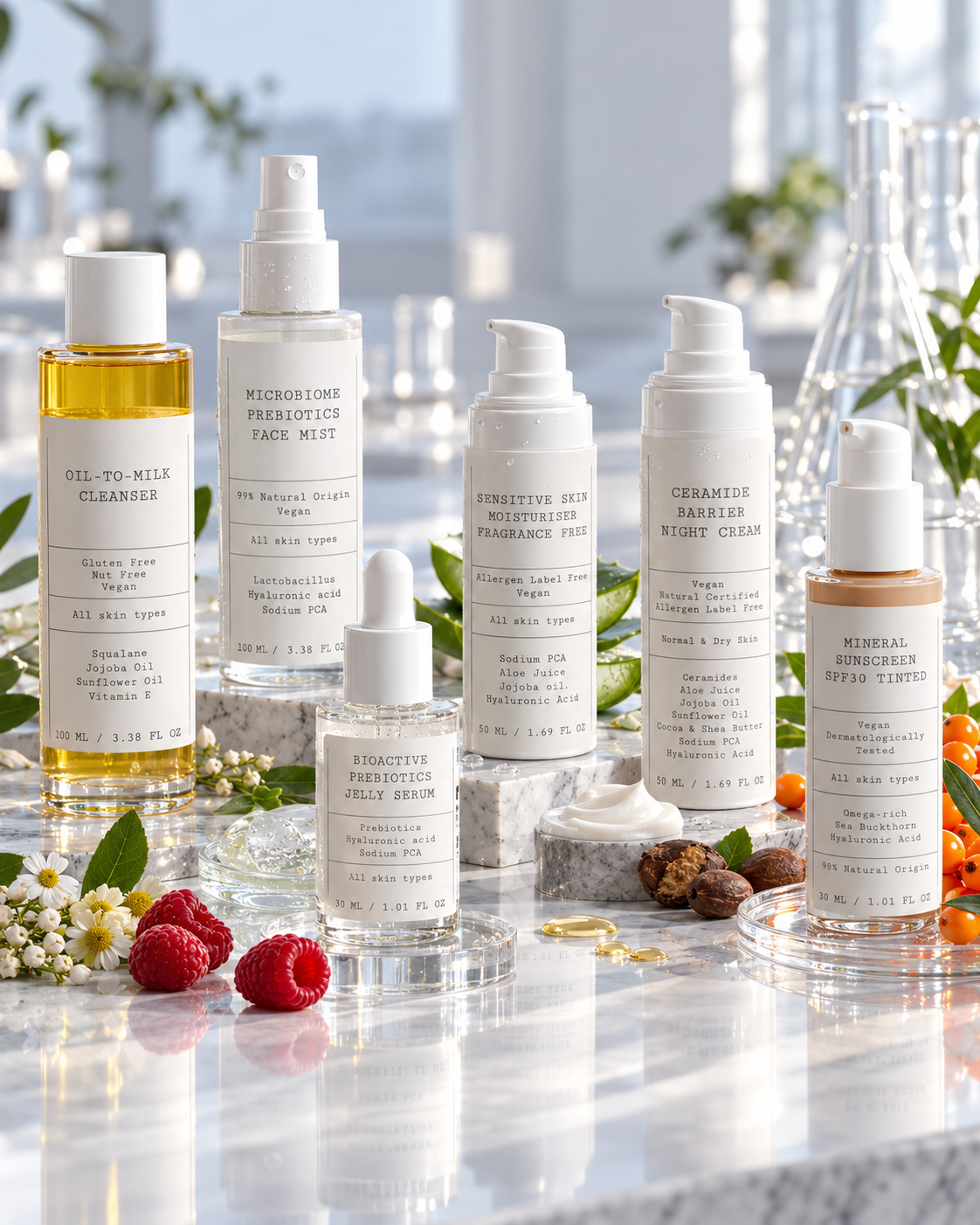 D.E.N. Deep Hydration Routine for dry sensitive skin: Oil-To-Milk Cleanser, Face Mist, Jelly Serum, Moisturiser, Ceramide Night Cream and mineral SPF30