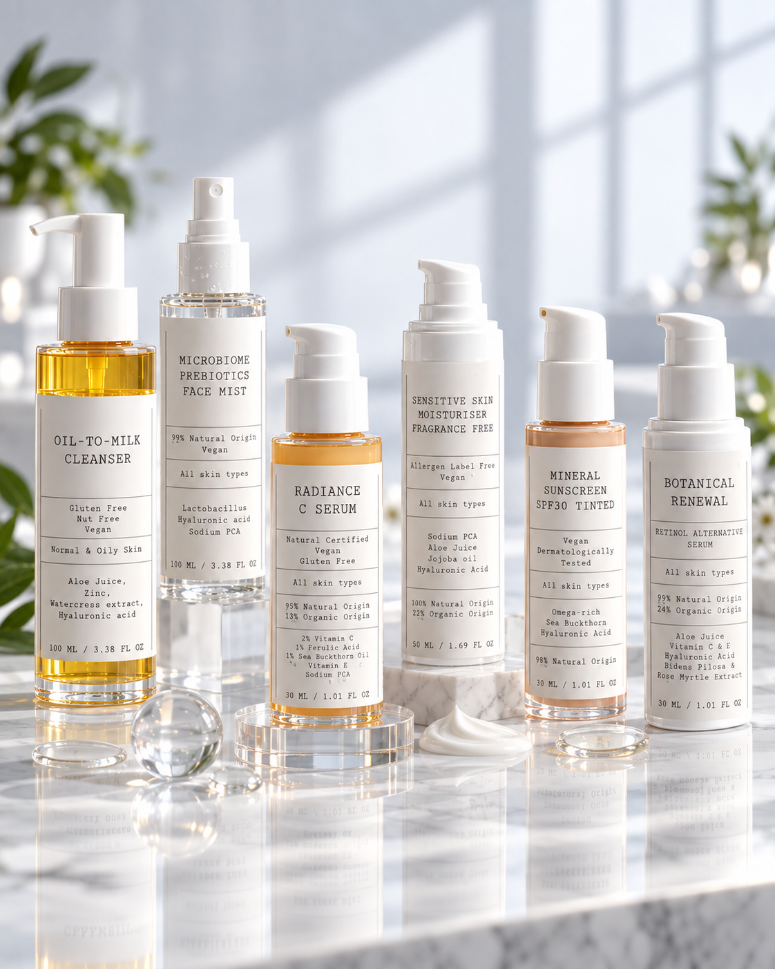 D.E.N. Radiance Routine: Oil-To-Milk Cleanser, Face Mist, Radiance C Serum, Retinol Alternative Serum, Sensitive Skin Moisturiser and mineral SPF30