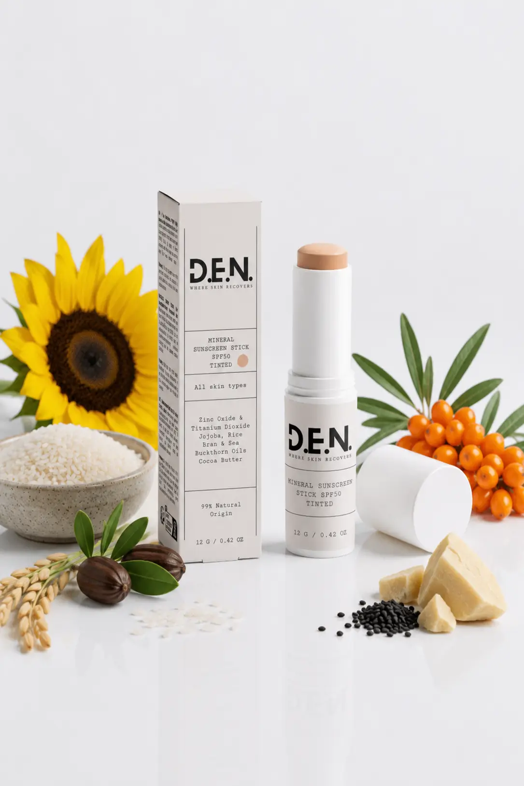 D.E.N. SPF50 Mineral Sunscreen Stick, tinted